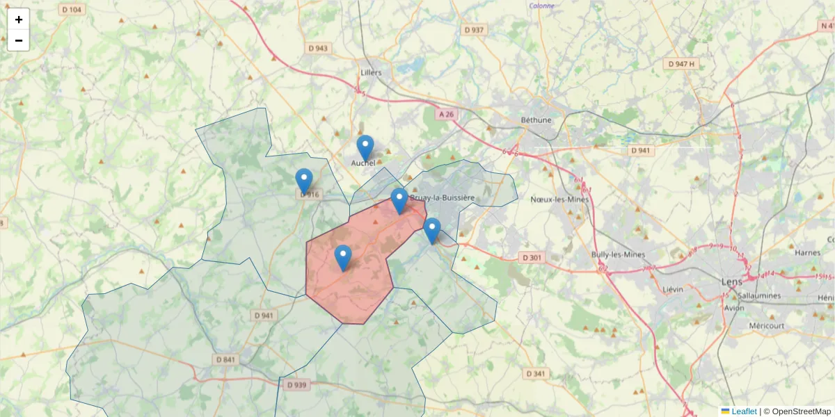 Carte de la zone du code postal  et des codes postaux voisins en France