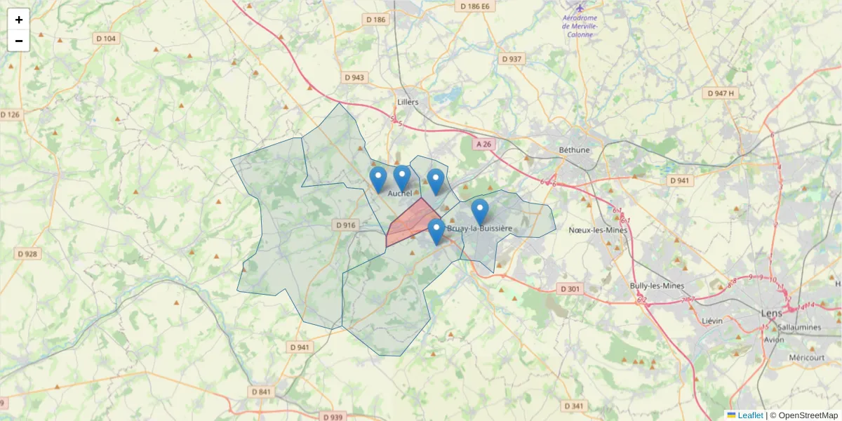 Carte de la zone du code postal  et des codes postaux voisins en France