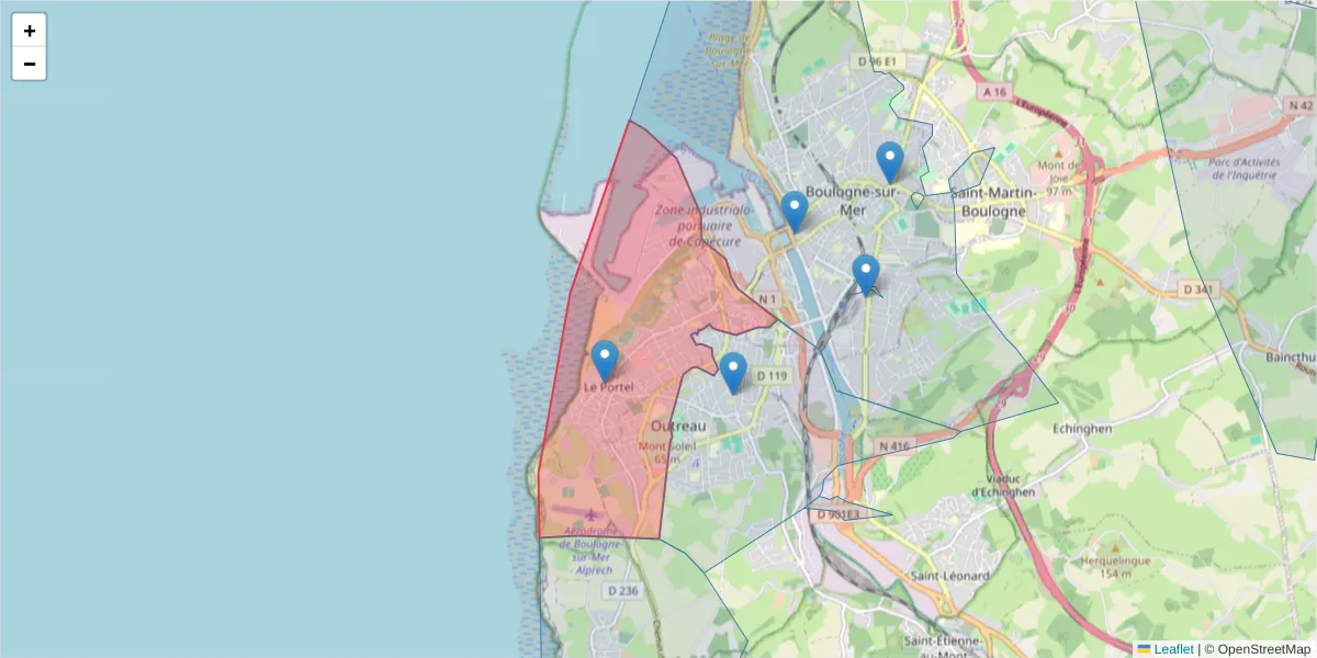 Carte de la zone du code postal  et des codes postaux voisins en France