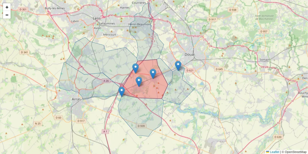 Carte de la zone du code postal  et des codes postaux voisins en France