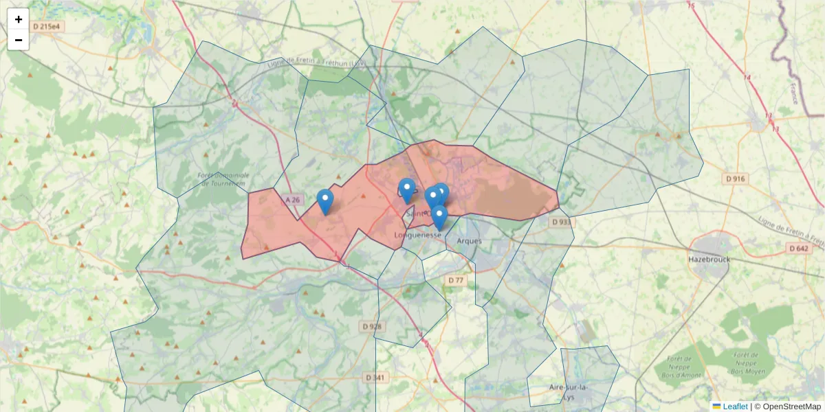 Carte de la zone du code postal  et des codes postaux voisins en France