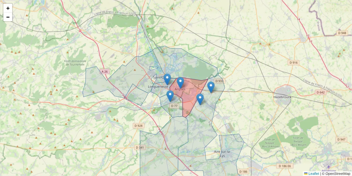 Carte de la zone du code postal  et des codes postaux voisins en France