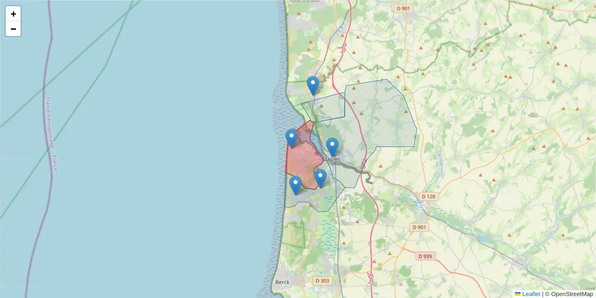 Carte de la zone du code postal  et des codes postaux voisins en France