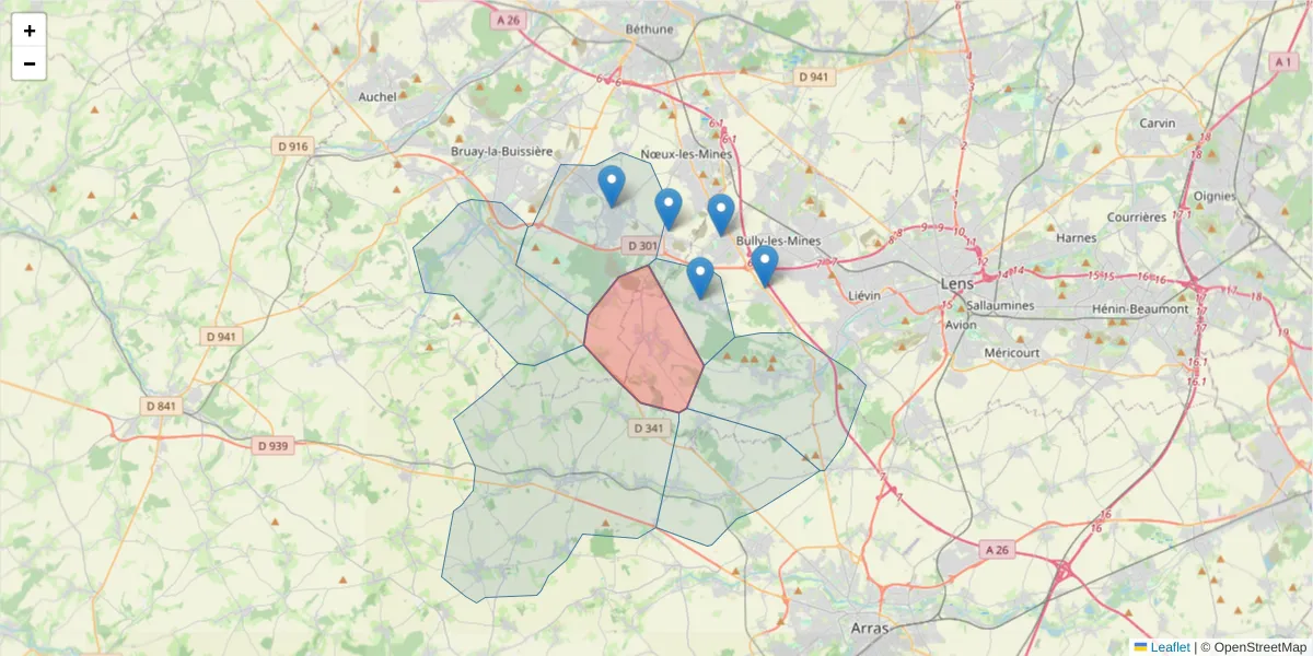 Carte de la zone du code postal  et des codes postaux voisins en France