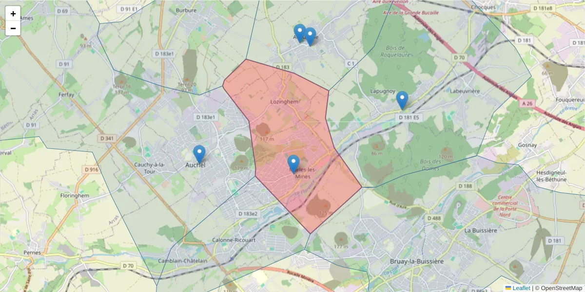 Carte de la zone du code postal  et des codes postaux voisins en France