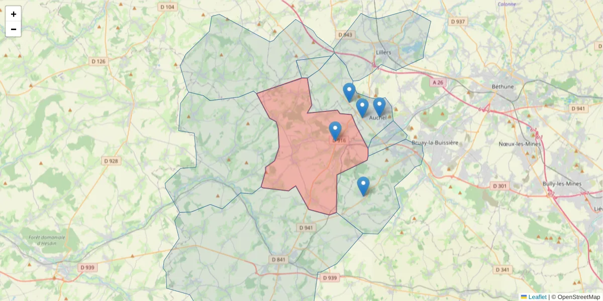 Carte de la zone du code postal  et des codes postaux voisins en France