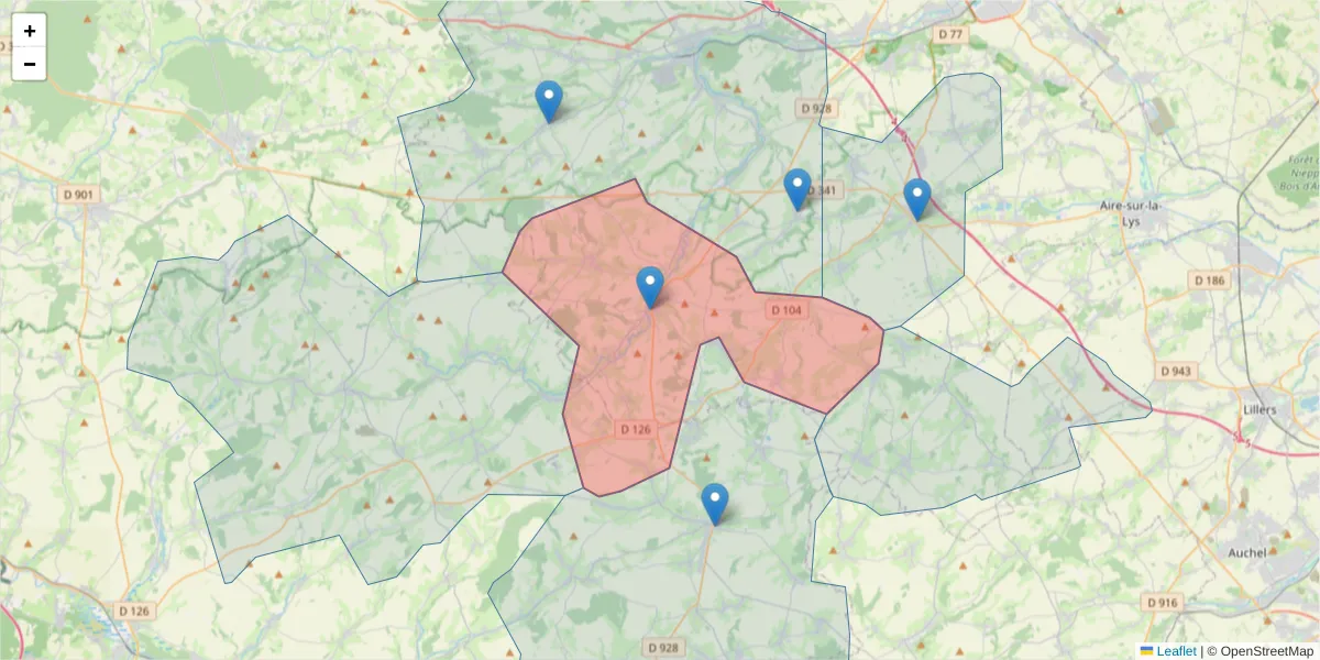 Carte de la zone du code postal  et des codes postaux voisins en France