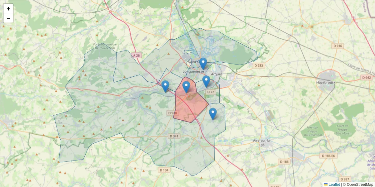 Carte de la zone du code postal  et des codes postaux voisins en France