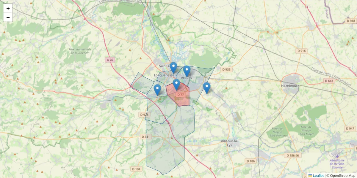 Carte de la zone du code postal  et des codes postaux voisins en France