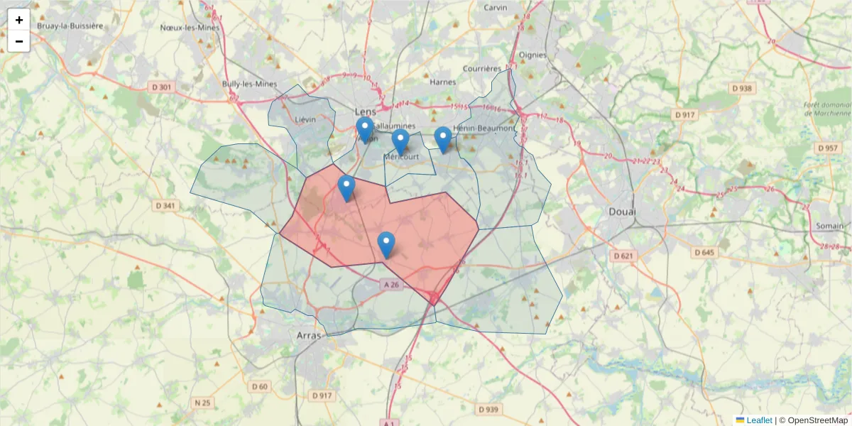 Carte de la zone du code postal  et des codes postaux voisins en France