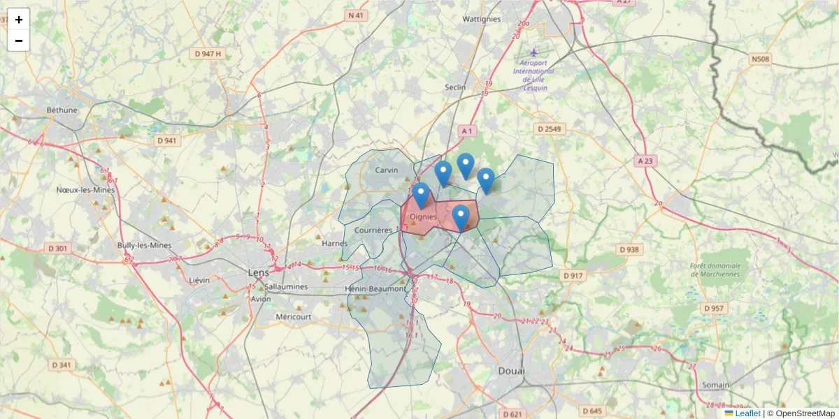 Carte de la zone du code postal  et des codes postaux voisins en France
