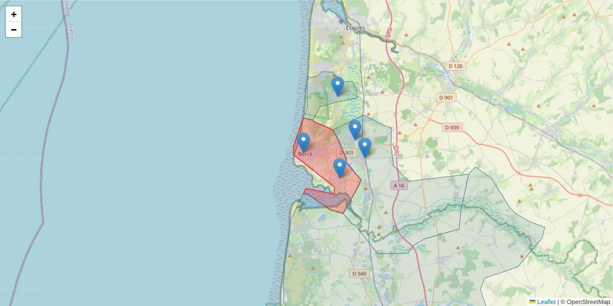 Carte de la zone du code postal  et des codes postaux voisins en France