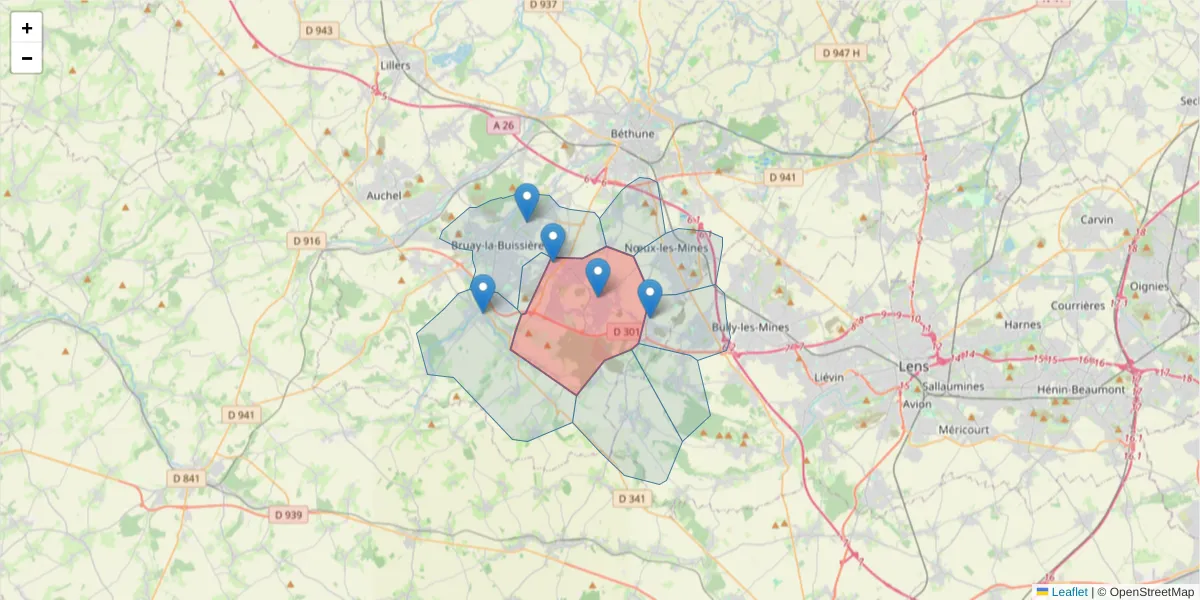 Carte de la zone du code postal  et des codes postaux voisins en France