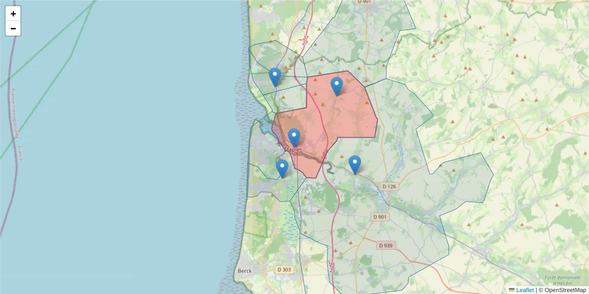 Carte de la zone du code postal  et des codes postaux voisins en France