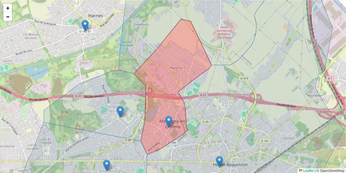 Carte de la zone du code postal  et des codes postaux voisins en France