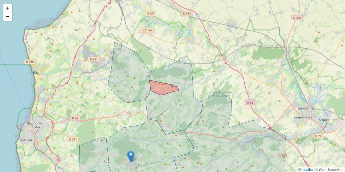 Carte de la zone du code postal  et des codes postaux voisins en France