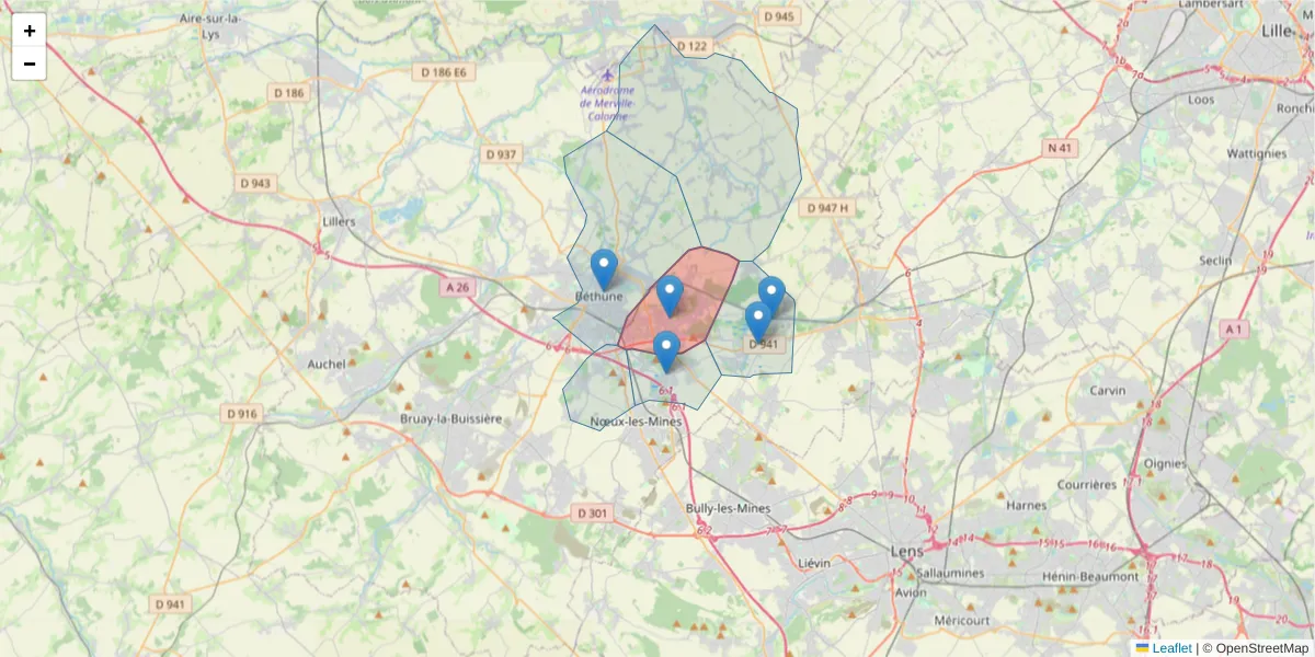 Carte de la zone du code postal  et des codes postaux voisins en France