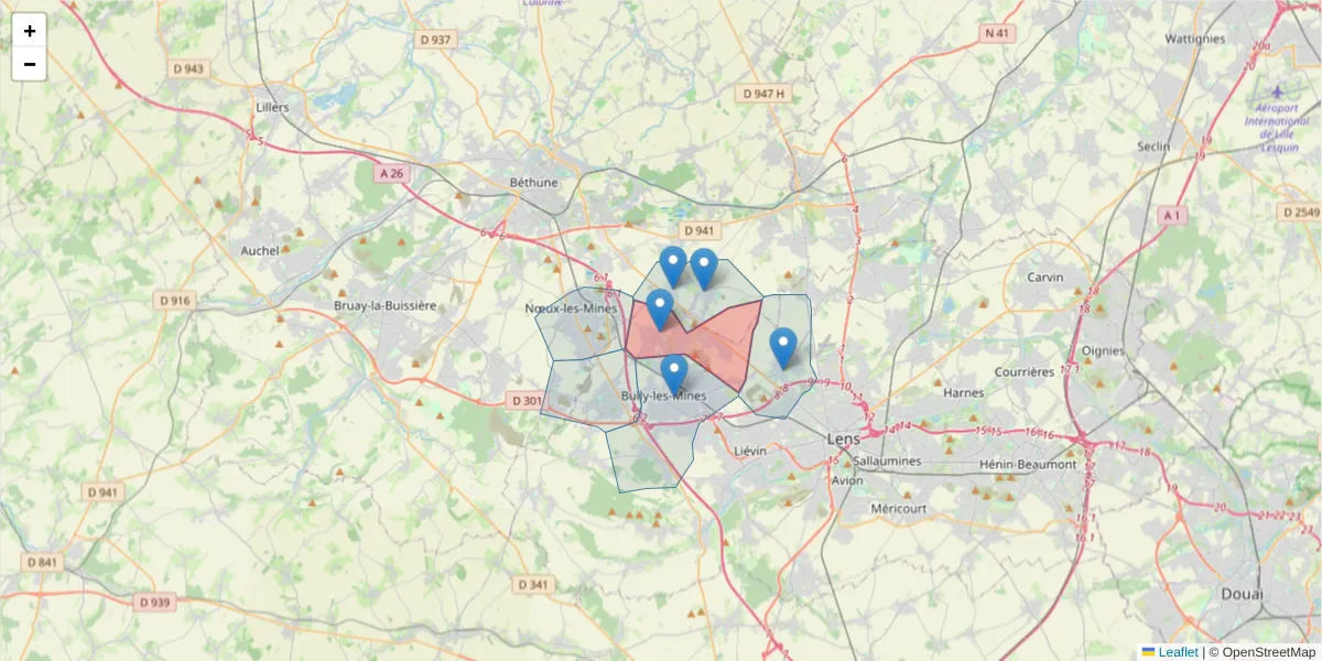 Carte de la zone du code postal  et des codes postaux voisins en France