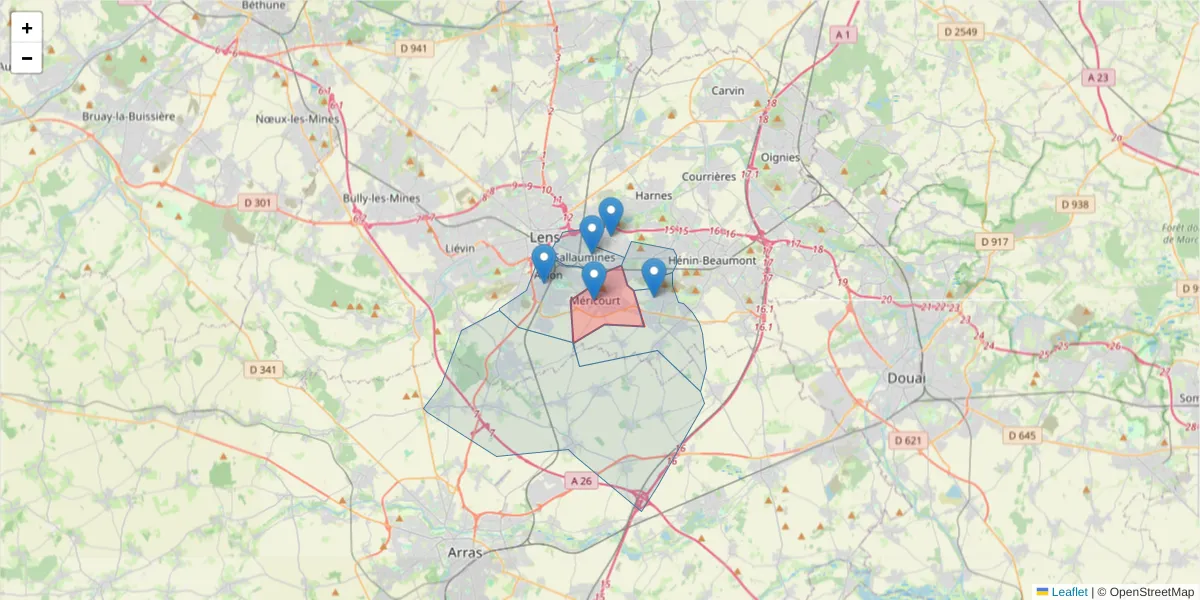 Carte de la zone du code postal  et des codes postaux voisins en France