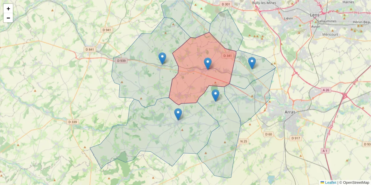 Carte de la zone du code postal  et des codes postaux voisins en France