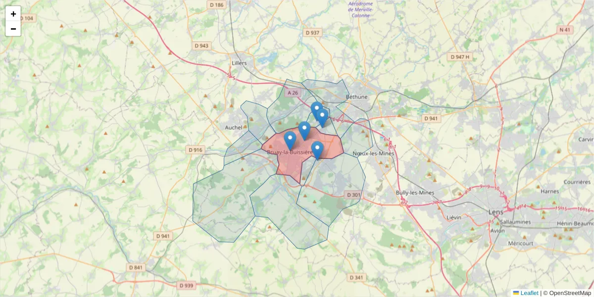 Carte de la zone du code postal  et des codes postaux voisins en France