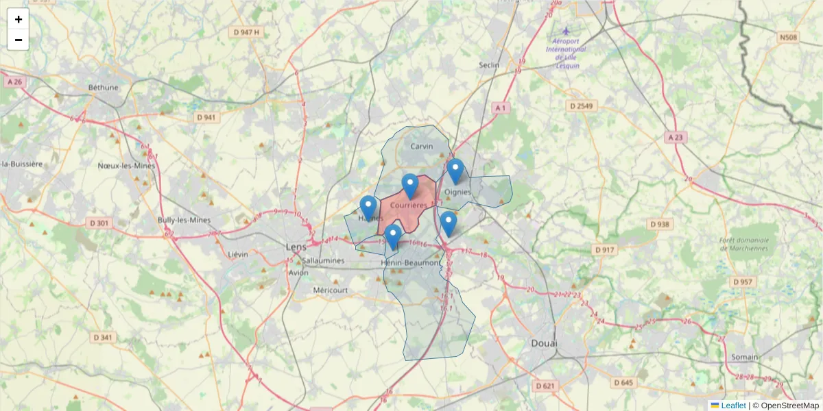 Carte de la zone du code postal  et des codes postaux voisins en France