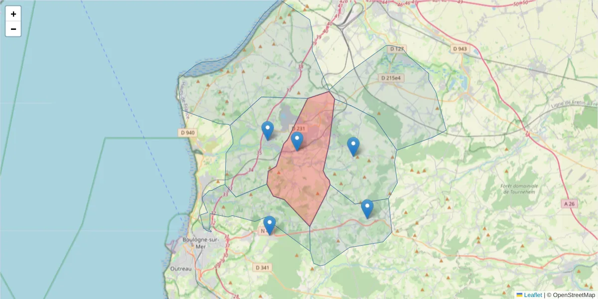 Carte de la zone du code postal  et des codes postaux voisins en France