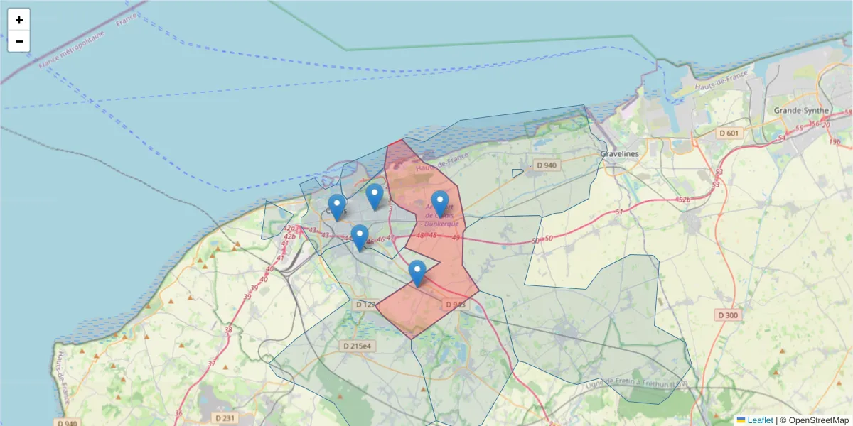 Carte de la zone du code postal  et des codes postaux voisins en France