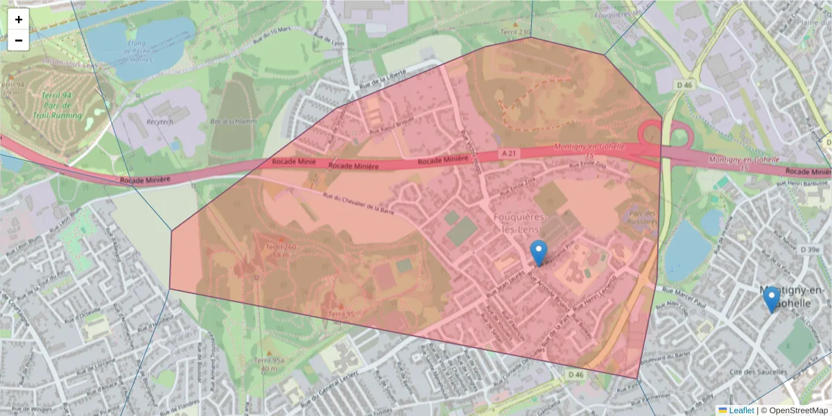 Carte de la zone du code postal  et des codes postaux voisins en France
