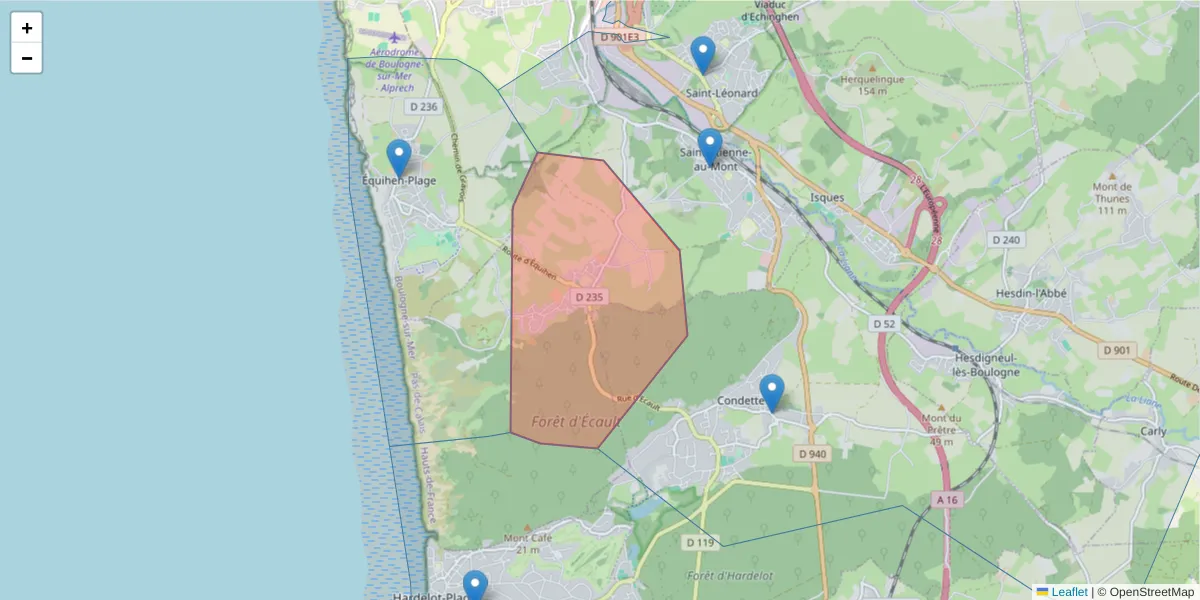 Carte de la zone du code postal  et des codes postaux voisins en France