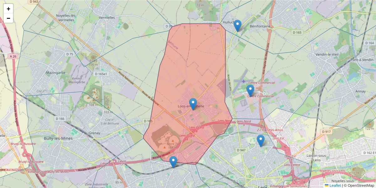 Carte de la zone du code postal  et des codes postaux voisins en France