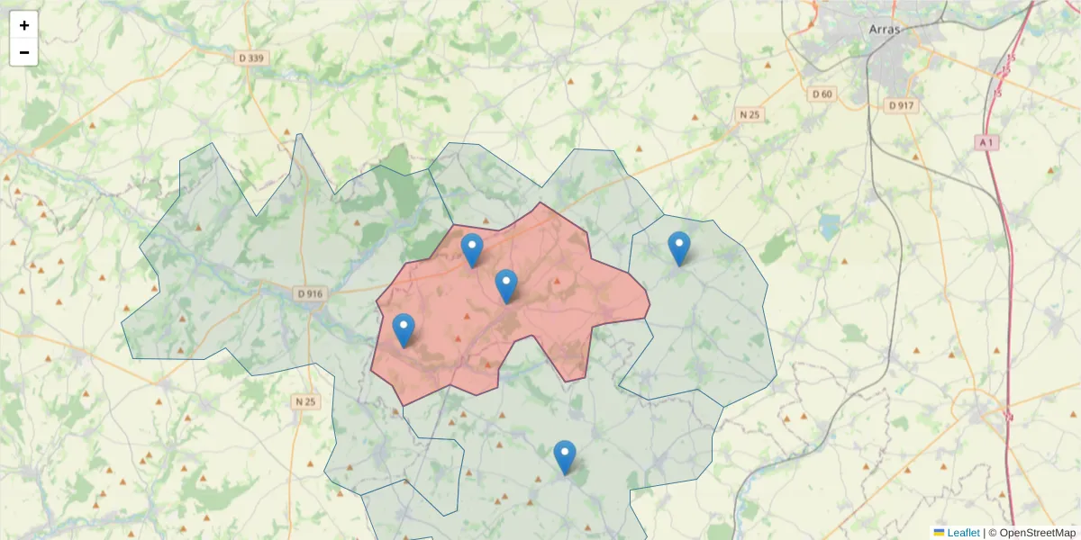 Carte de la zone du code postal  et des codes postaux voisins en France