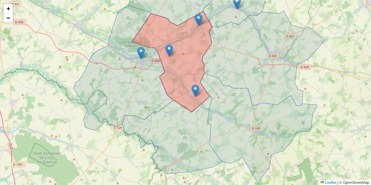 Carte de la zone du code postal  et des codes postaux voisins en France