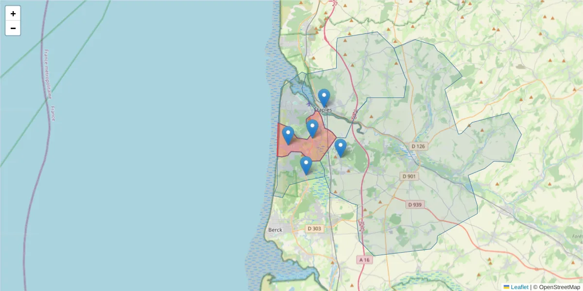 Carte de la zone du code postal  et des codes postaux voisins en France