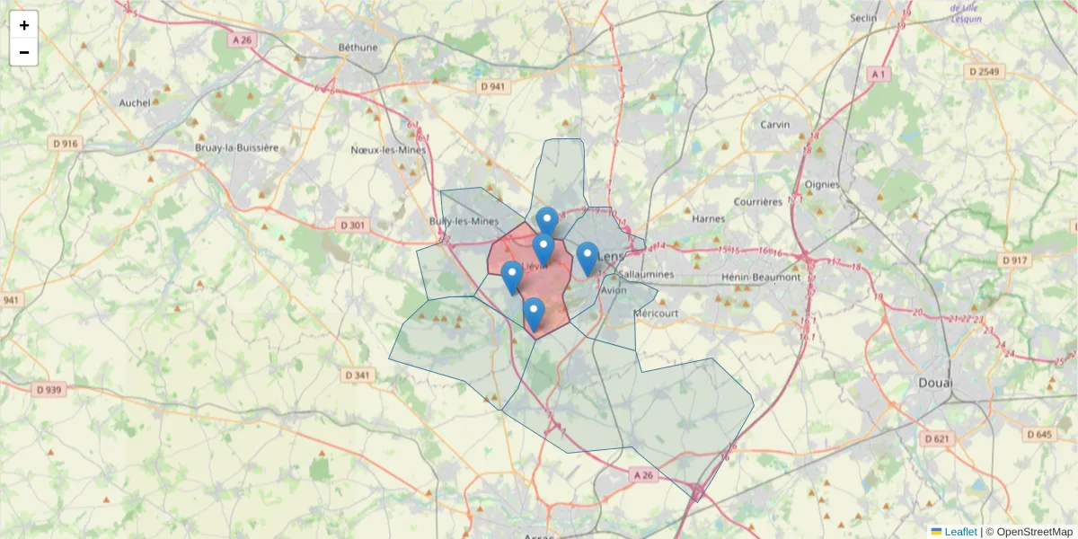 Carte de la zone du code postal  et des codes postaux voisins en France
