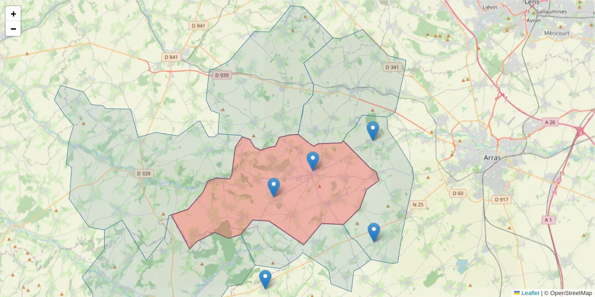 Carte de la zone du code postal  et des codes postaux voisins en France