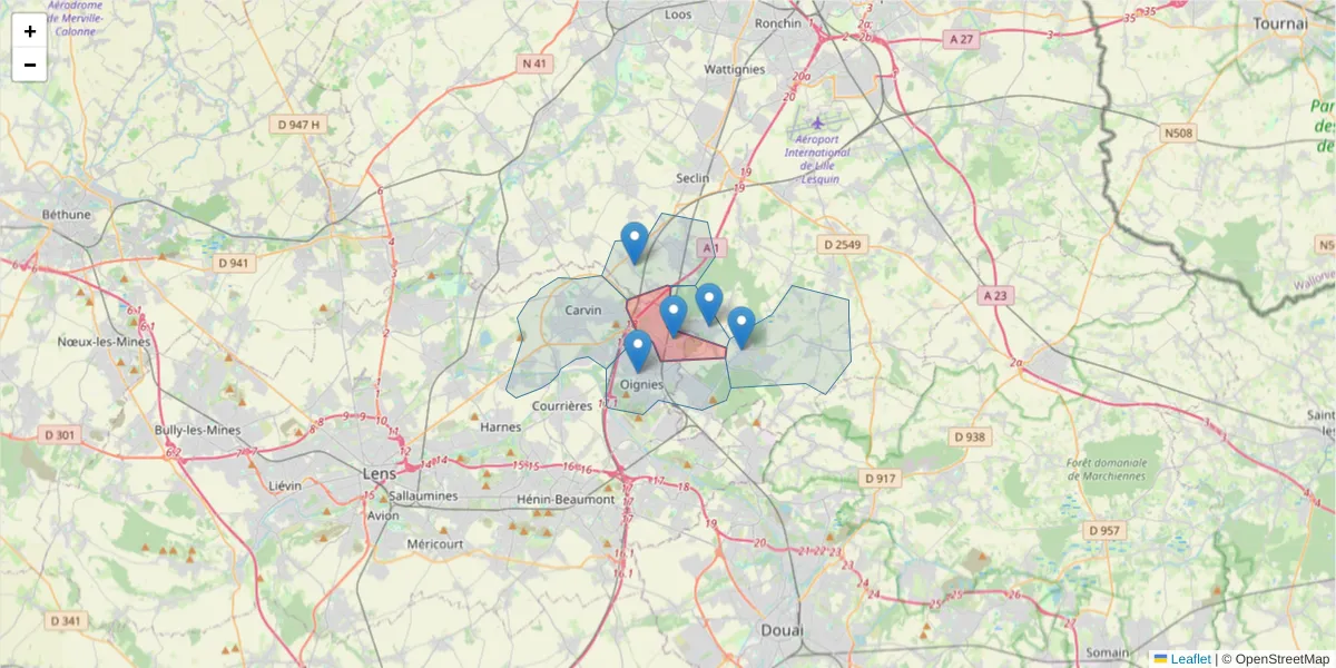Carte de la zone du code postal  et des codes postaux voisins en France