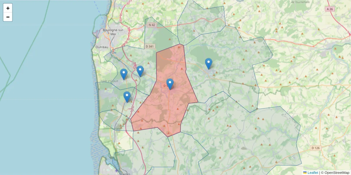 Carte de la zone du code postal  et des codes postaux voisins en France