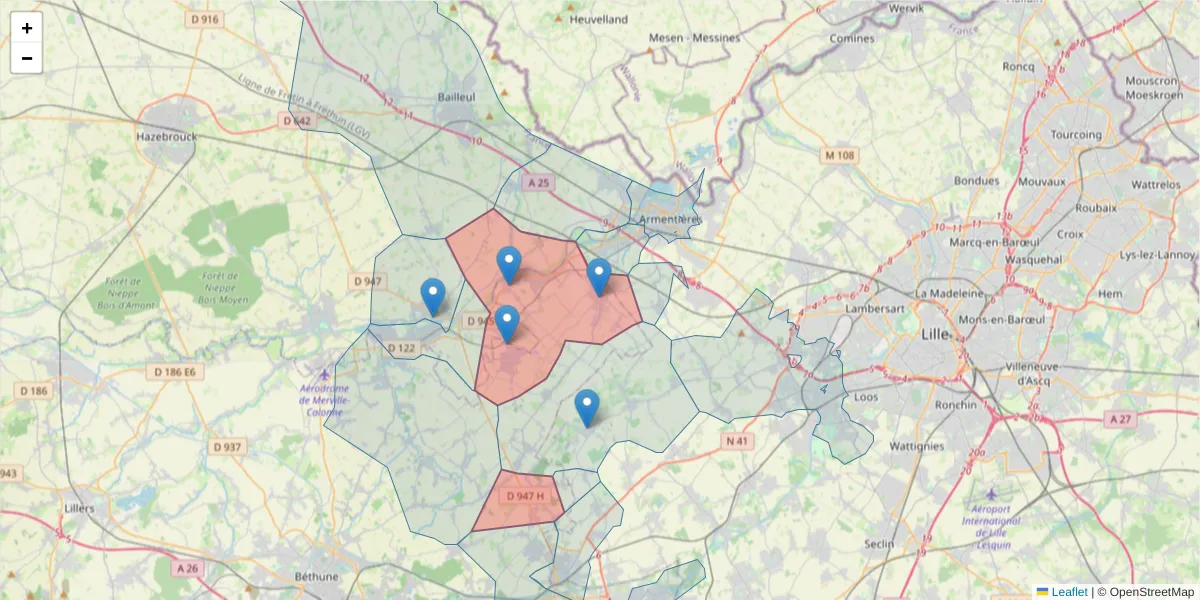 Carte de la zone du code postal  et des codes postaux voisins en France