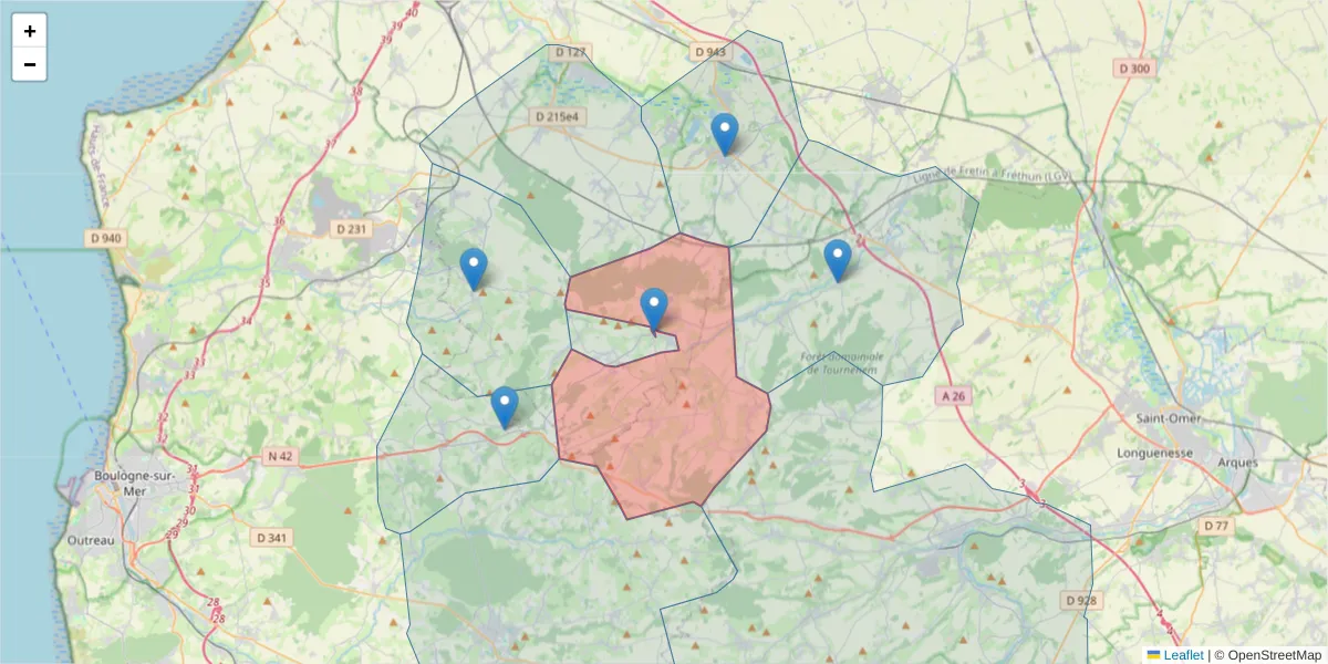 Carte de la zone du code postal  et des codes postaux voisins en France