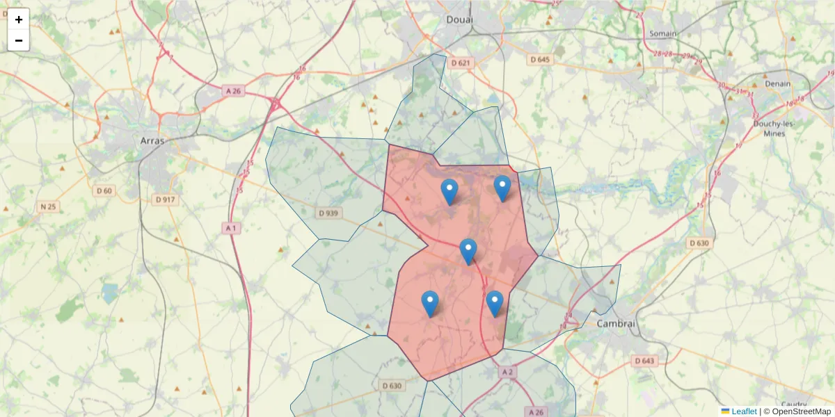 Carte de la zone du code postal  et des codes postaux voisins en France