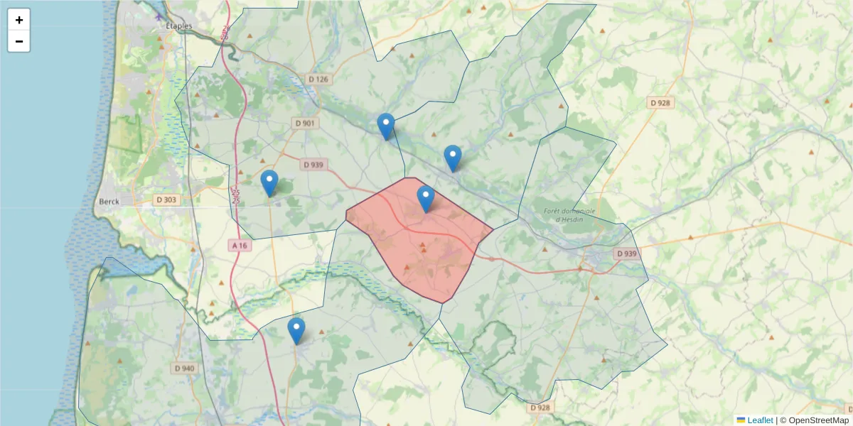 Carte de la zone du code postal  et des codes postaux voisins en France