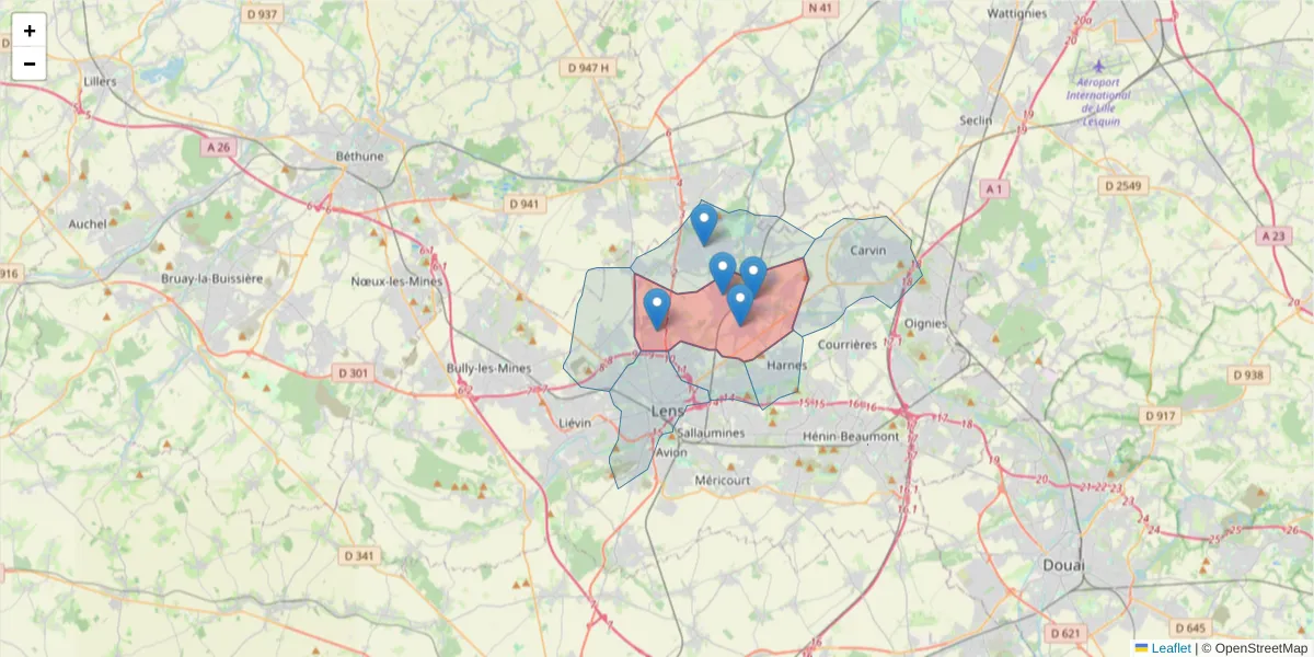 Carte de la zone du code postal  et des codes postaux voisins en France