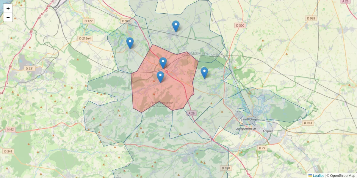 Carte de la zone du code postal  et des codes postaux voisins en France