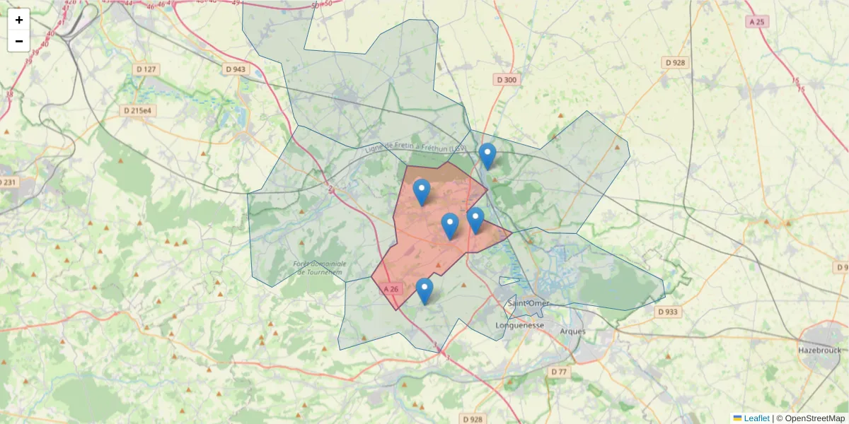 Carte de la zone du code postal  et des codes postaux voisins en France