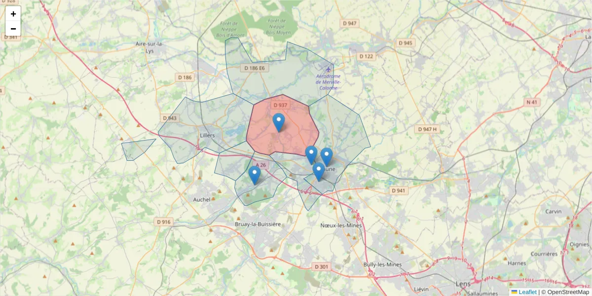 Carte de la zone du code postal  et des codes postaux voisins en France