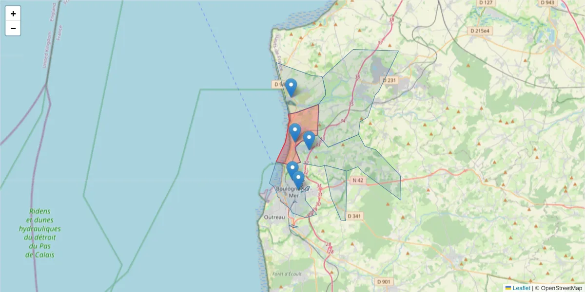 Carte de la zone du code postal  et des codes postaux voisins en France