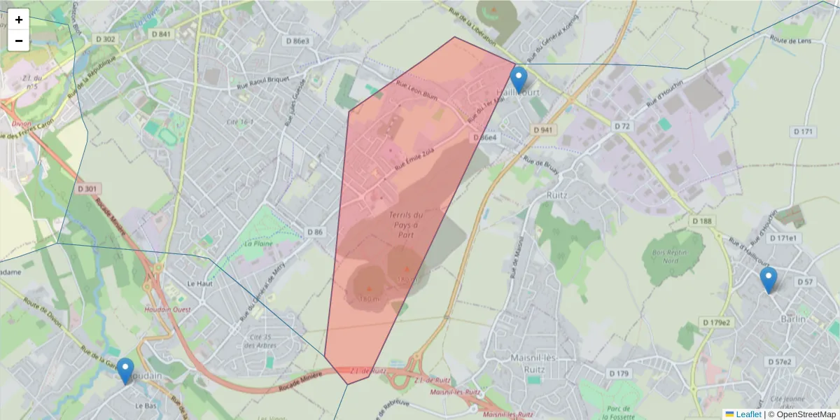 Carte de la zone du code postal  et des codes postaux voisins en France