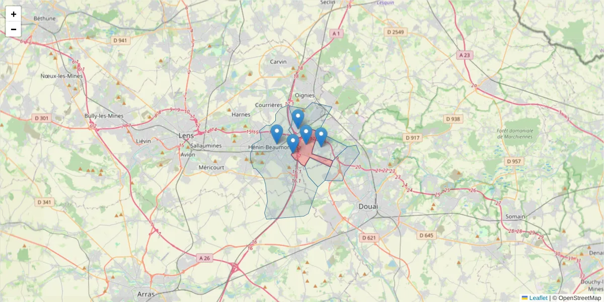 Carte de la zone du code postal  et des codes postaux voisins en France