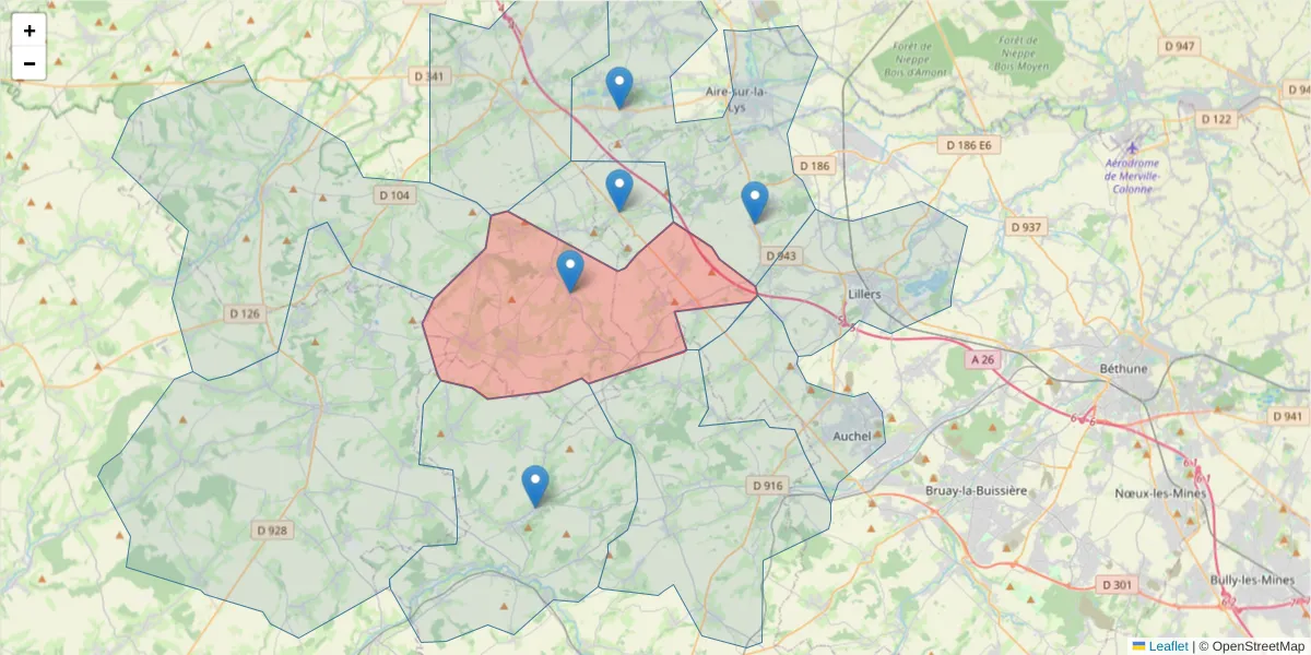 Carte de la zone du code postal  et des codes postaux voisins en France